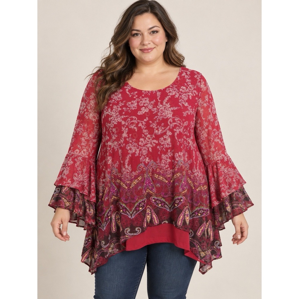 Caleesa Women's 2X Red Paisley Tunic Top Double Bell Sleeve Boho High Low